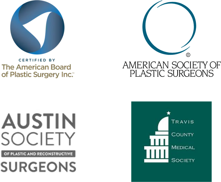 Dr. Crawford's Credential logo including The American Board of Plastic Surgery Inc, American Society of Plastic Surgeons, Austin Society of Plastic and Reconstructive Surgeons, & Travis County Medical Society