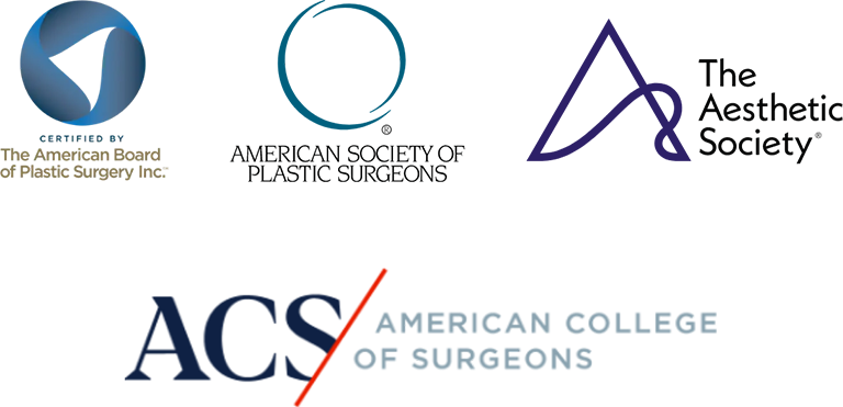 Dr. Kerr's credential logos including American College of Surgeons, American Society of Plastic Surgeons, The Aesthetic Society, & The American Board of Plastic Surgery Inc