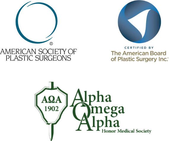 Dr. Mehta's credential logos including American Society of Plastic Surgery, The American Board of Plastic Surgery, & Alpha Omega Alpha