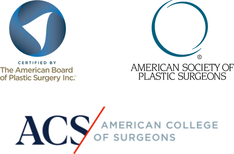 Dr. White's credential logos including The American Board of Plastic Surgery Inc, American Society of Plastic Surgeons, & American College of Surgeons